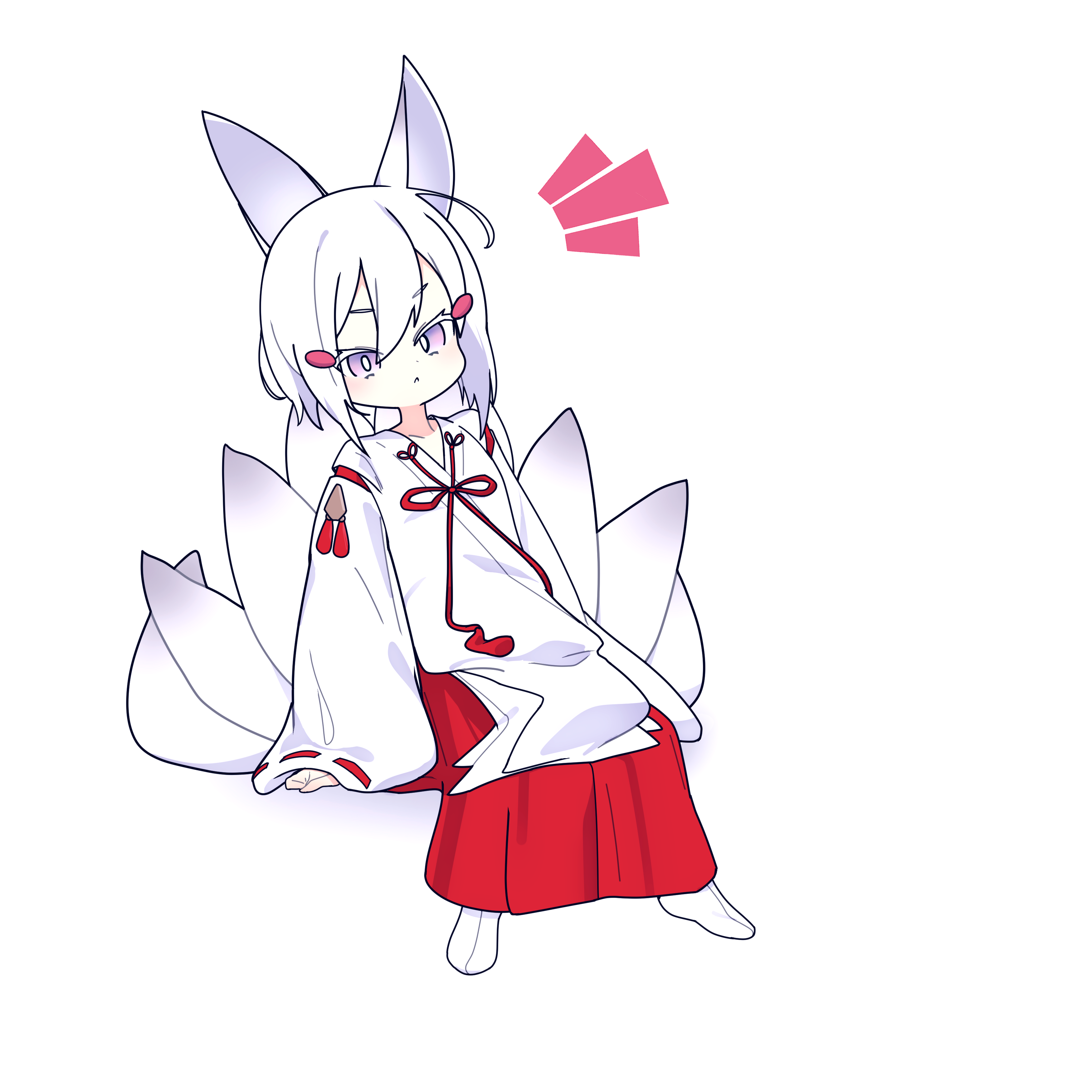 cross (vgne4542), tenma maemi, phase connect, absurdres, highres, 1girl, animal ears, fox ears, fox tail, japanese clothes, miko, purple eyes, ribbon, short hair, sitting, tail, tenma maemi (3rd costume), virtual youtuber, white hair