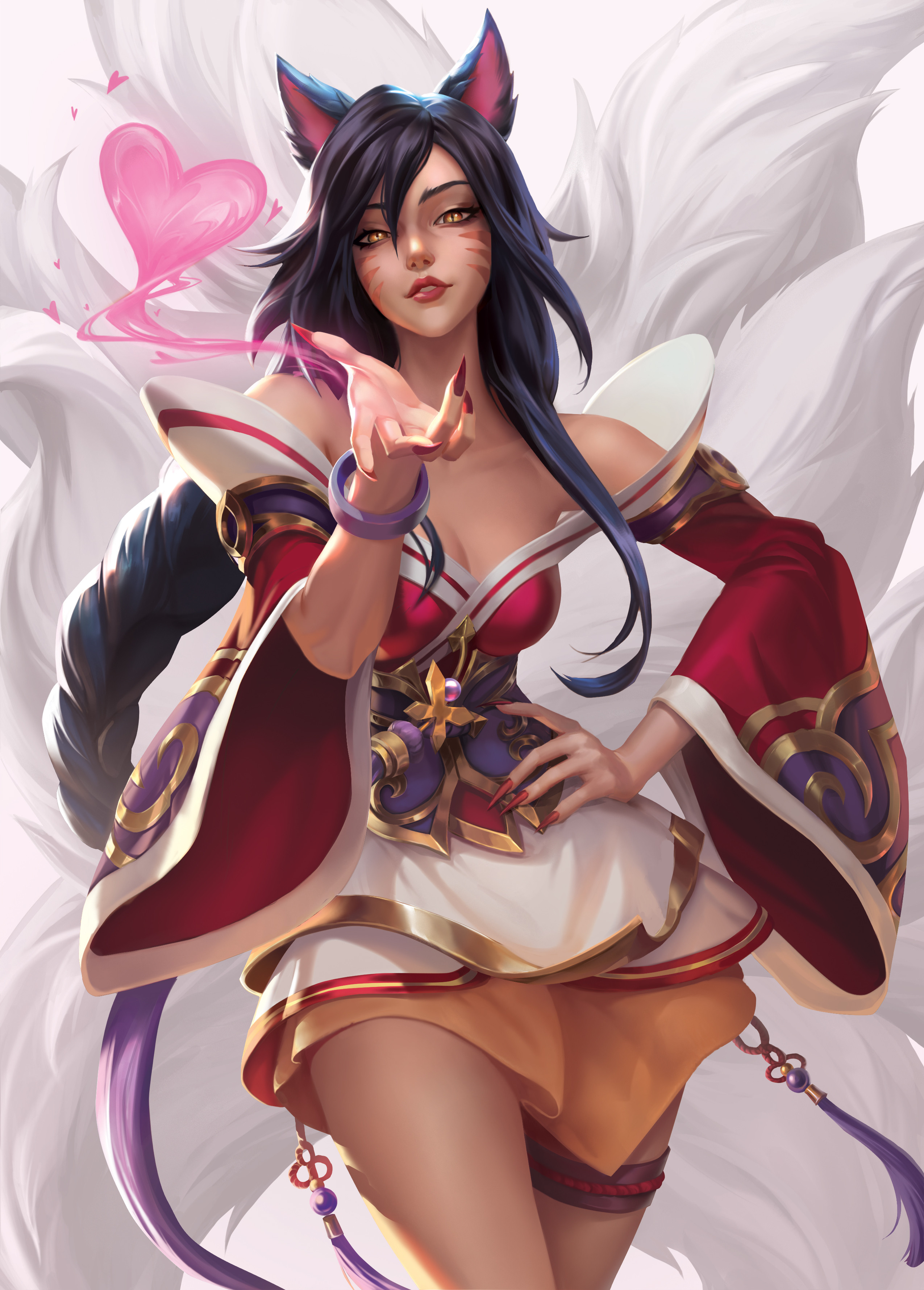 aleksandra alekseeva, ahri (league of legends), league of legends, absurdres, commentary, english commentary, highres, 1girl, animal ears, bare shoulders, black hair, bracelet, braid, braided ponytail, breasts, cleavage, cowboy shot, crossed legs, dress, eyelashes, facial mark, fingernails, fox ears, fox girl, hair between eyes, hand on own hip, hand up, heart, jewelry, kitsune, kyuubi, long hair, long sleeves, looking at viewer, low ponytail, medium breasts, multicolored dress, multiple tails, ponytail, purple dress, red dress, red nails, sharp fingernails, short dress, simple background, slit pupils, solo, standing, strapless, strapless dress, tail, tassel, thigh strap, white background, white dress, wide sleeves, yellow eyes