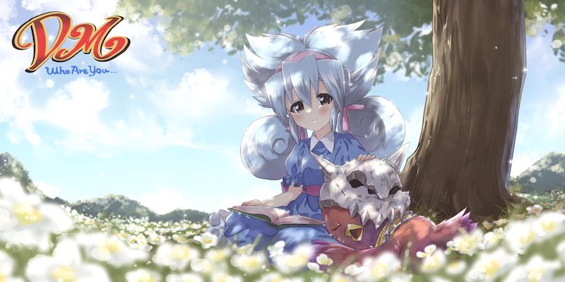 kuroi mimei, fua yuu (duel masters), duel masters, second-party source, 1girl, aqua hair, bird, blue dress, blue sky, book, closed mouth, cloud, cloudy sky, dress, flower, hair ornament, hair ribbon, hairband, holding, holding book, open book, outdoors, pink hairband, pink ribbon, ribbon, sitting, skull hair ornament, sky, tree, white flower