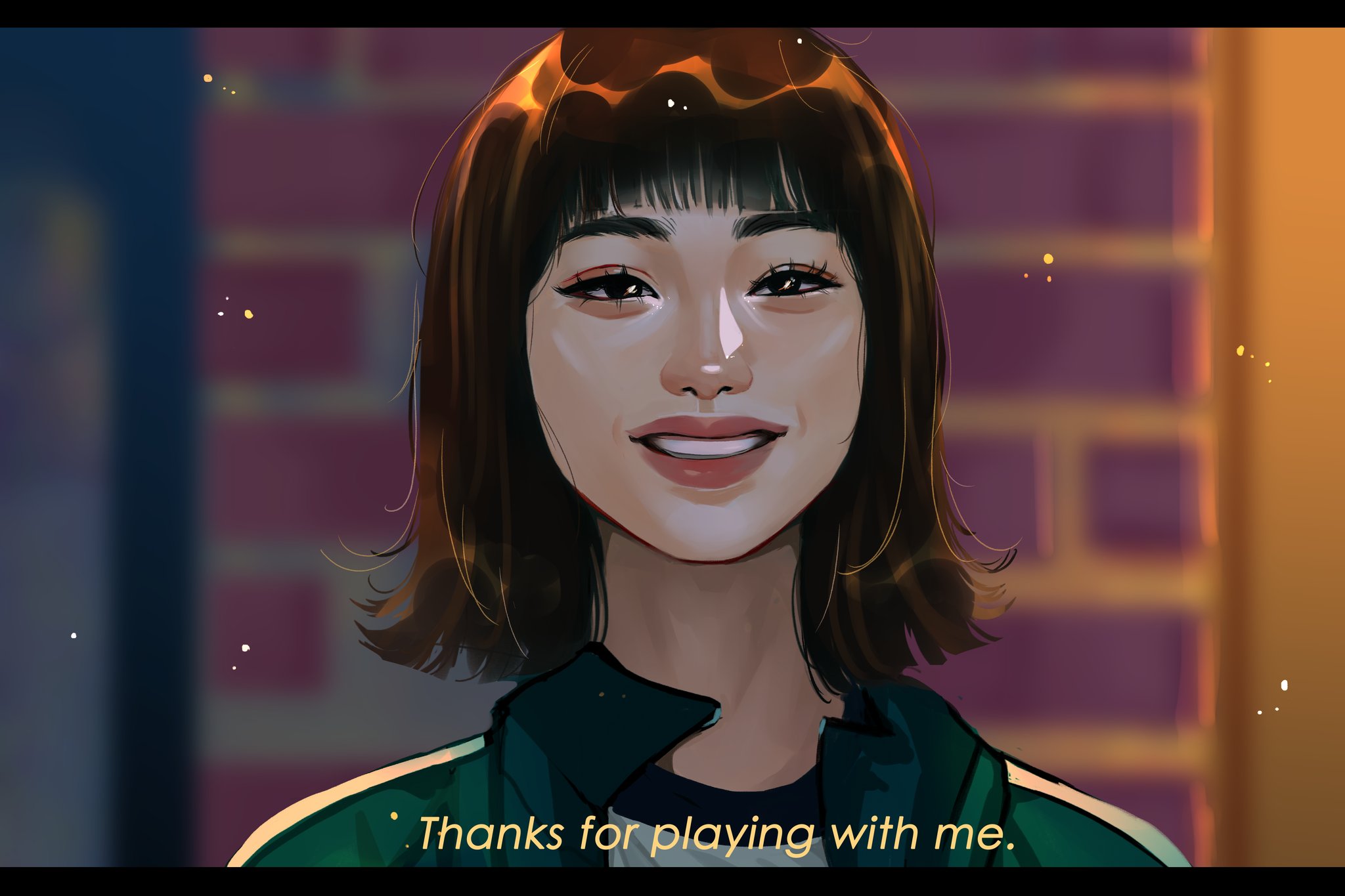 zeebythesea, ji-yeong, squid game, highres, 1girl, aegyo sal, asian, blunt bangs, blurry, blurry background, brick wall, brown hair, eyelashes, flipped hair, green track suit, green trim, indoors, jacket, letterboxed, light particles, looking ahead, medium hair, open clothes, open jacket, shirt, short bangs, smile, subtitled, thick eyebrows, thick lips, track jacket, track suit, upper body, white shirt