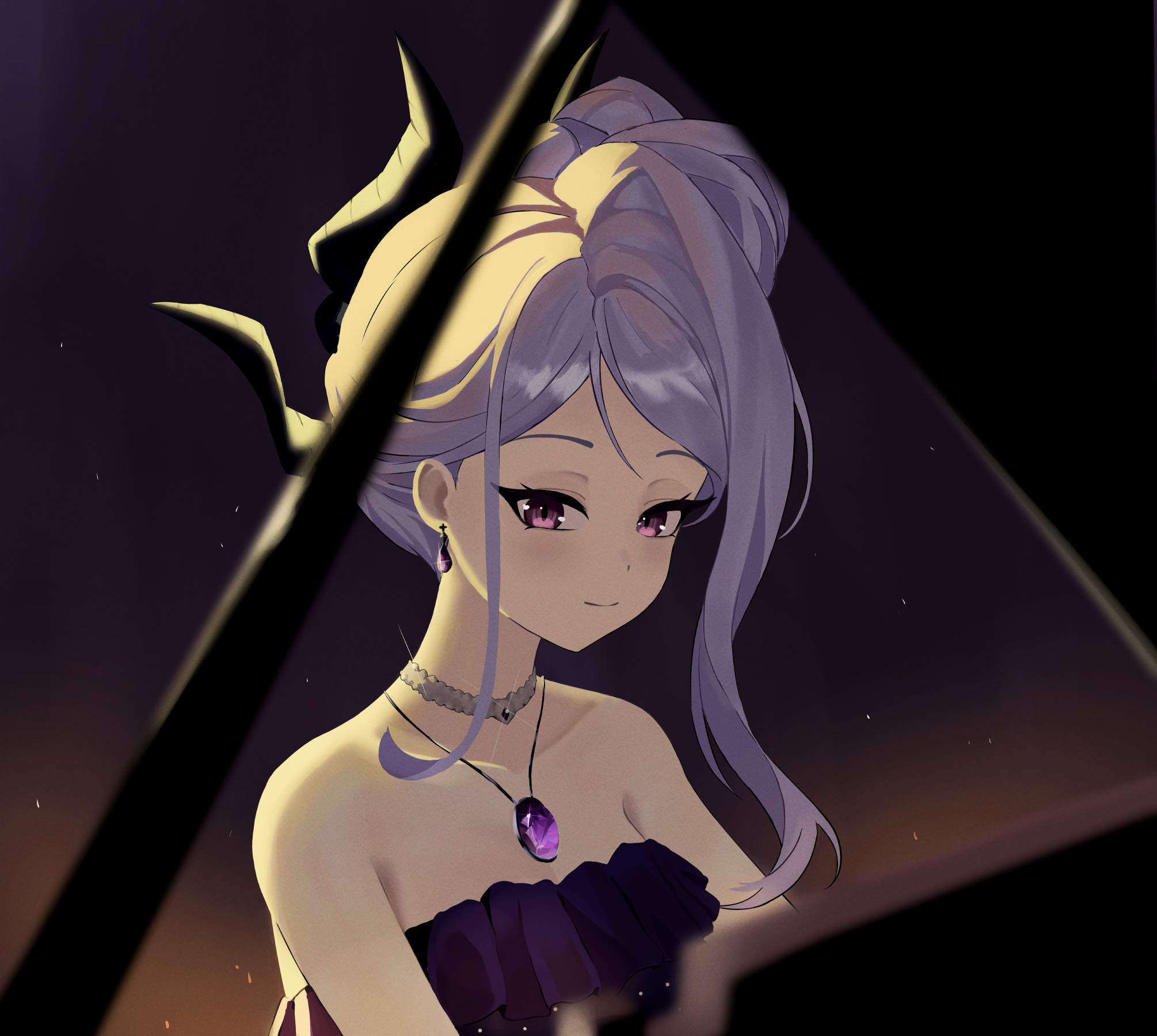 eins (pj eins), hina (blue archive), hina (dress) (blue archive), blue archive, highres, 1girl, blush, breasts, demon girl, demon horns, earrings, grand piano, horns, instrument, jewelry, long hair, looking at viewer, music, necklace, pendant, piano, playing instrument, playing piano, purple eyes, small breasts, solo, white hair