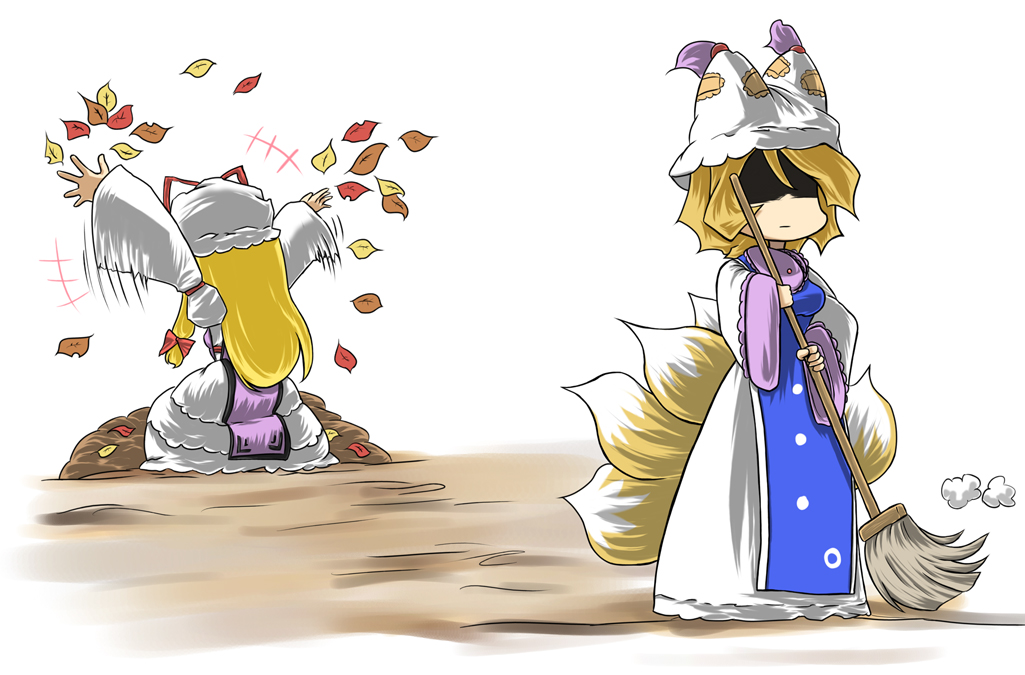 r0g0b0, yakumo ran, yakumo yukari, touhou, bad id, bad pixiv id, 2girls, animal ears, animal hat, blonde hair, broom, female focus, fox ears, fox tail, hat, leaf, long hair, long sleeves, mob cap, multiple girls, ribbon, short hair, tail, tassel, wide sleeves