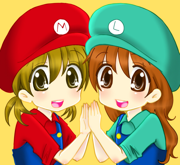 yuchi (pixiv), luigi, mario, mario (series), nintendo, bad id, bad pixiv id, gender request, 2girls, blonde hair, blush, brown eyes, brown hair, costume, genderswap, hat, long hair, multiple girls, open mouth, short hair, smile, yellow eyes