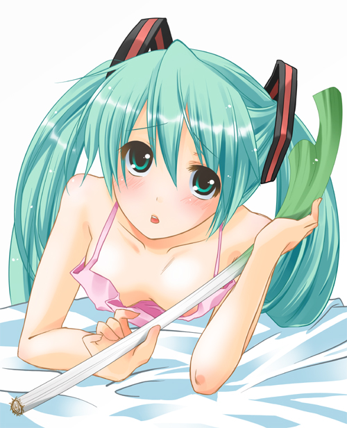 yusya, hatsune miku, vocaloid, 1girl, bed, blush, camisole, covered erect nipples, downblouse, female focus, flat chest, green eyes, green hair, long hair, lying, matching hair/eyes, no bra, open mouth, solo, spring onion, twintails