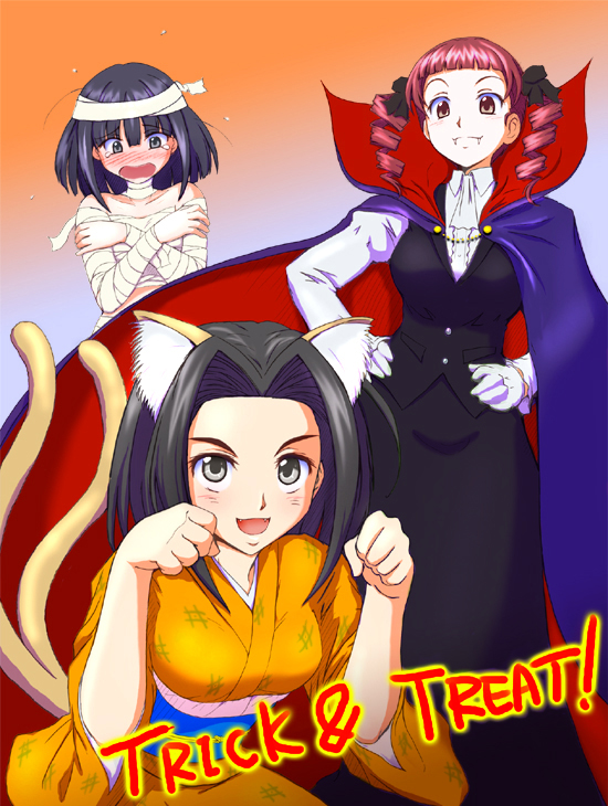 sasaki akira (ugc), arima nana, matsudaira touko, nijou noriko, maria-sama ga miteru, 00s, 3girls, animal ears, bandages, cat ears, drill hair, halloween, multiple girls, mummy, trick or treat, vampire