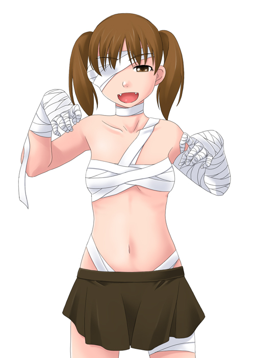 toshifumi, fukuzawa yumi, maria-sama ga miteru, 00s, 1girl, :d, bandages, blush, breasts, brown eyes, brown hair, brown skirt, collarbone, eyepatch, fangs, female focus, looking at viewer, midriff, miniskirt, mummy, navel, no bra, open mouth, sarashi, simple background, skirt, smile, solo, stomach, twintails, underboob, white background