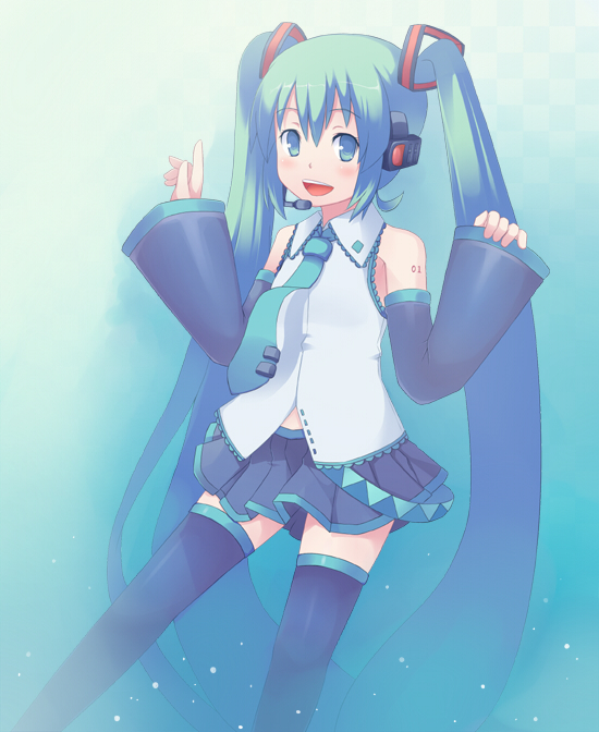 masuneko, hatsune miku, vocaloid, bad id, bad pixiv id, 1girl, aqua hair, female focus, long hair, skirt, solo, thighhighs, twintails, very long hair