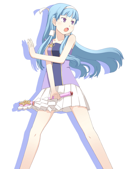 masuneko, nagi, kannagi, bad id, bad pixiv id, 00s, 1girl, blue hair, blunt bangs, female focus, long hair, pleated skirt, skirt, solo, wand, white skirt