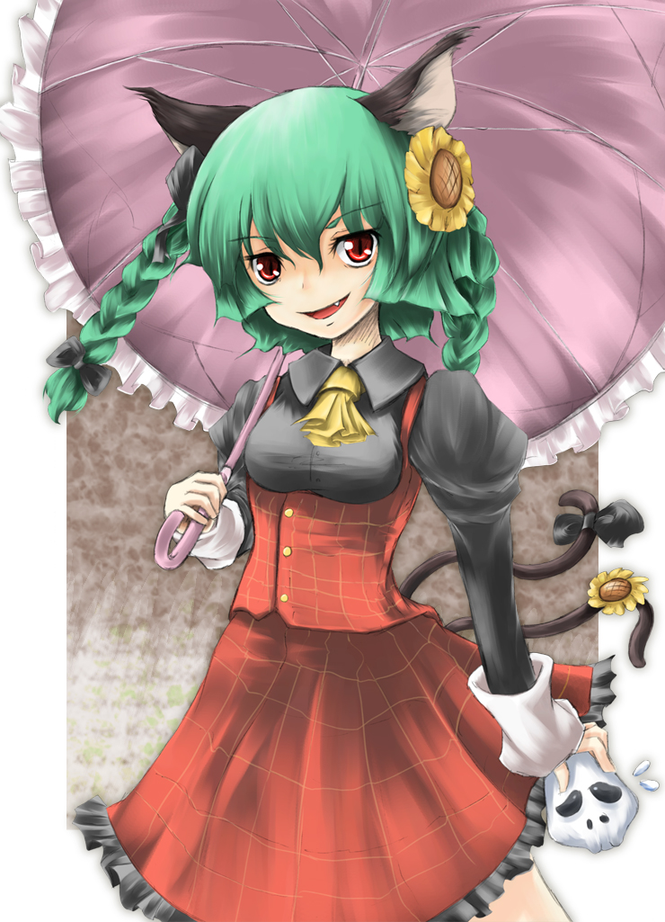 r0g0b0, kaenbyou rin, kazami yuuka, touhou, bad id, bad pixiv id, 1girl, animal ears, ascot, braid, cat ears, cat girl, cat tail, child, fang, female focus, flower, green hair, if they mated, multiple tails, parasol, plaid clothes, plaid skirt, plaid vest, red eyes, ribbon, short hair, skirt, skirt set, skull, solo, sunflower, tail, tail ornament, tail ribbon, twin braids, twintails, umbrella, vest