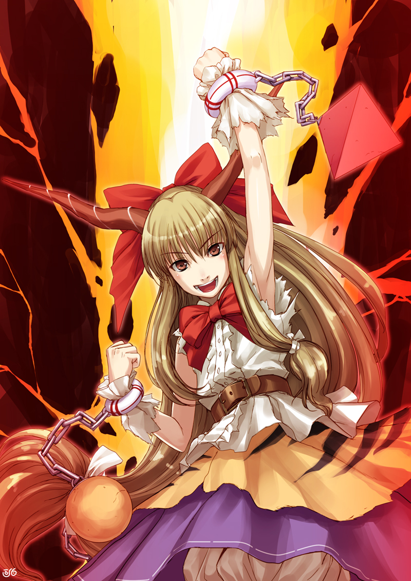 heibonkaeru, ibuki suika, touhou, 1girl, chain, clenched hands, female focus, horns, long hair, raised fist, ribbon, solo