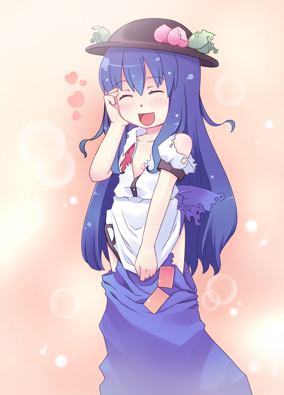 masuneko, hinanawi tenshi, touhou, bad id, bad pixiv id, highres, 1girl, blue hair, female focus, food, fruit, gradient background, hat, long hair, peach, ribbon, solo, standing, torn clothes, wardrobe malfunction
