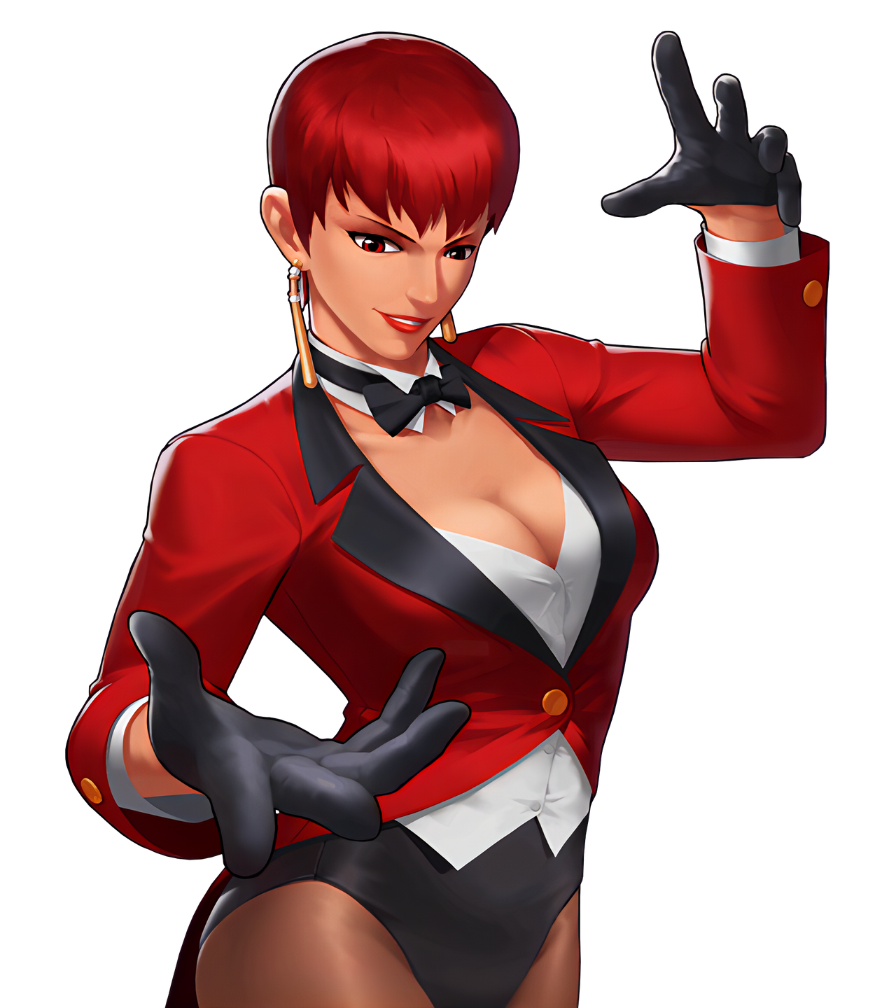 vice (kof), the king of fighters, 1girl, bodysuit, bow, bowtie, breasts, cleavage, curvy, dark-skinned female, dark skin, earrings, female focus, formal clothes, gloves, huge breasts, jewelry, large breasts, leotard, no pants, open clothes, panties, pantyhose, red eyes, red hair, see-through clothes, short hair, smile, smiley face, standing, suit, tan, thick thighs, thighs, underwear, wide hips