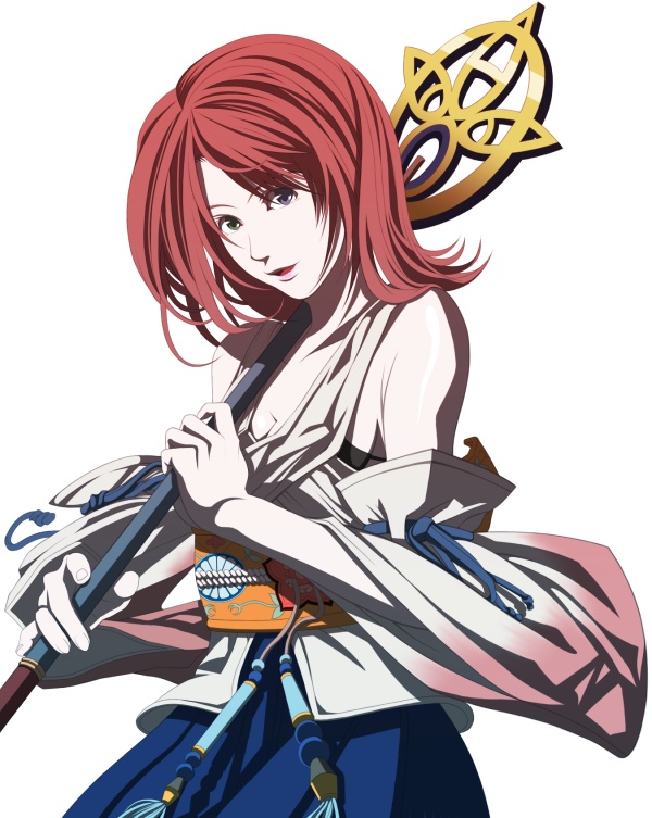 tsukumo (soar99), yuna, yuna (ff10), final fantasy, final fantasy x, 00s, 1girl, blue eyes, detached sleeves, female focus, game console, green eyes, heterochromia, japanese clothes, open mouth, playstation 2, red hair, solo, staff