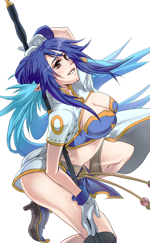goda, judith (tales), tales of (series), tales of vesperia, 00s, 1girl, blue hair, breasts, female focus, long hair, pointy ears, simple background, solo, staff, twintails, weapon