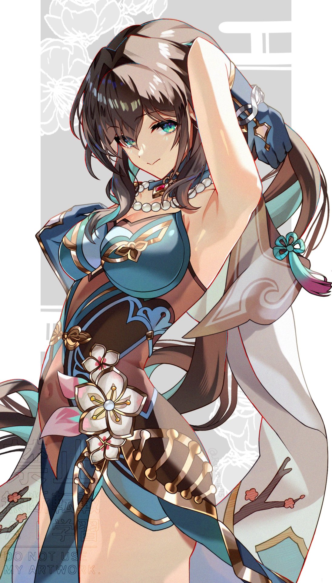 ruan mei (honkai: star rail), honkai: star rail, honkai (series), highres, 1girl, :>, aqua collar, aqua dress, aqua eyes, aqua gloves, arm up, armpits, bead necklace, beads, black hair, bracelet, breasts, brown hair, capelet, chinese clothes, collar, covered navel, dna, double helix, dress, floral print, from side, gloves, hair between eyes, jewelry, large breasts, long hair, looking at viewer, multicolored eyes, multicolored hair, navel, necklace, pearl necklace, plum blossom print, rave 1875, solo, streaked hair, thighs, two-tone eyes, very long hair, white capelet