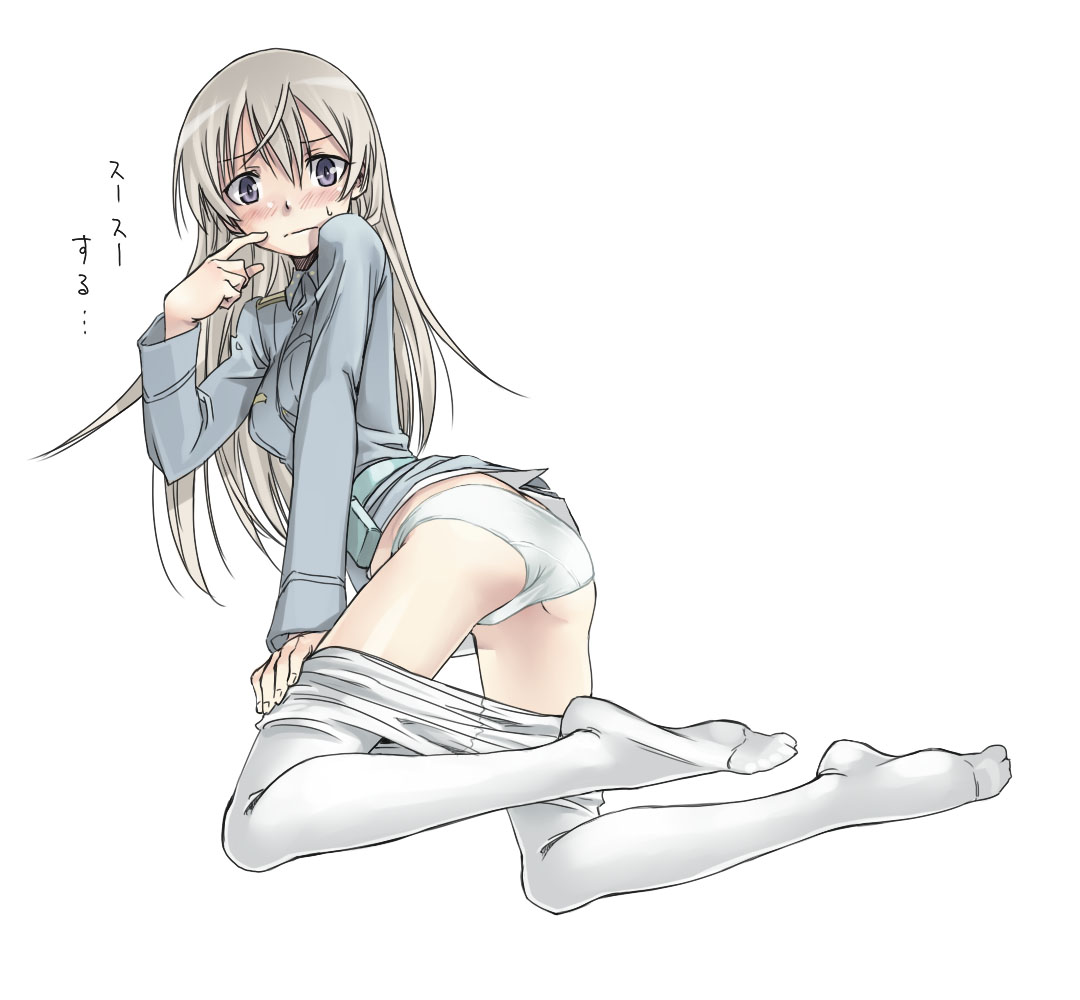 satou atsuki, eila ilmatar juutilainen, strike witches, world witches series, translated, 00s, 1girl, ass, blue eyes, blush, feet, female focus, long hair, panties, pantyhose, solo, sweat, underwear, white hair, white pantyhose