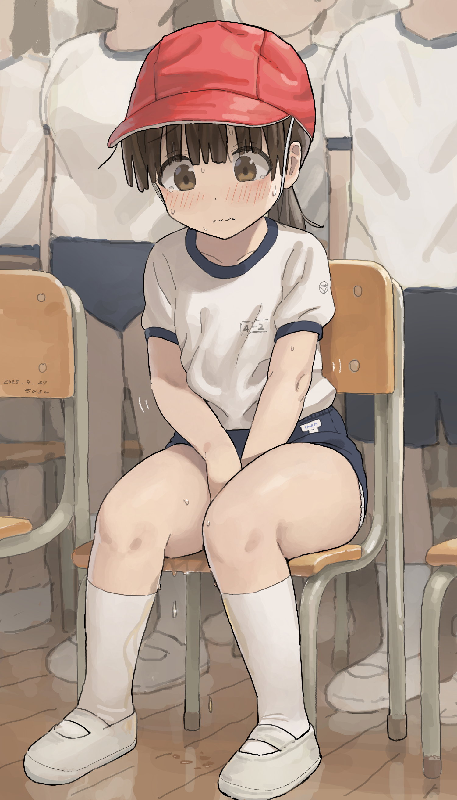 susu (ysy), original, absurdres, commentary request, commission, highres, skeb commission, 1girl, baseball cap, between legs, blue buruma, blush, brown eyes, brown hair, buruma, chair, closed mouth, embarrassed, flat chest, full body, gym uniform, hand between legs, hat, have to pee, indoors, on chair, peeing, peeing self, people, puddle, school chair, shirt, shoes, short sleeves, sidelocks, sitting, socks, solo focus, split mouth, sweat, white shirt, white socks