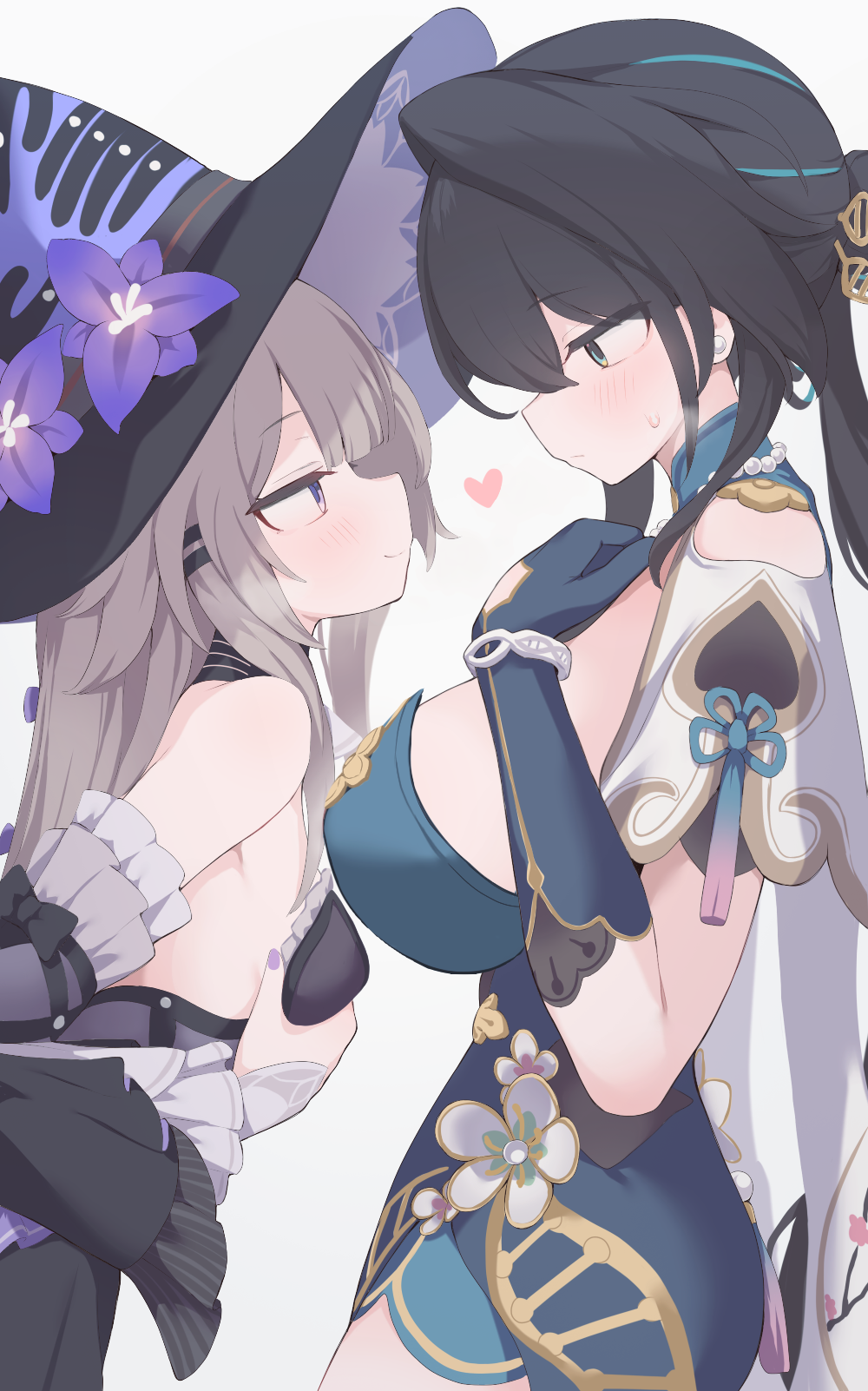hone kawa, herta (honkai: star rail), ruan mei (honkai: star rail), the herta (honkai: star rail), honkai: star rail, honkai (series), commentary request, highres, partial commentary, revision, variant set, 2girls, bare shoulders, black dress, black hat, blush, breasts, brown dress, brown hair, detached collar, dress, elbow gloves, flower, gloves, gold trim, green dress, green eyes, green gloves, grey hair, hair ornament, hat, hat flower, jewelry, large breasts, long hair, multiple girls, necklace, pearl necklace, ponytail, purple eyes, sidelocks, small breasts, smile, two-tone dress, witch hat, yuri