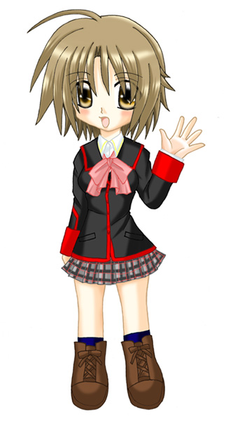 miikichi, naoe riki, little busters!, bad id, bad pixiv id, 1boy, 1girl, blush, bob cut, bow, brown eyes, brown hair, female focus, genderswap, genderswap (mtf), pink bow, school uniform, serafuku, short hair, skirt, solo