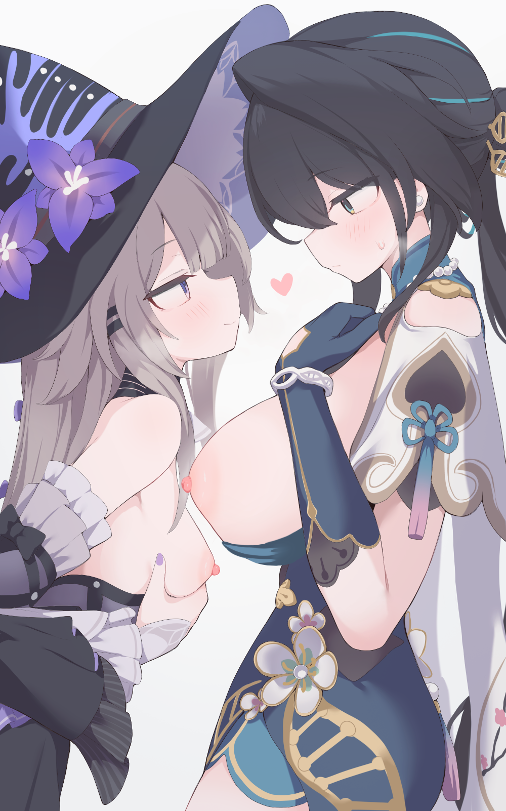 hone kawa, herta (honkai: star rail), ruan mei (honkai: star rail), the herta (honkai: star rail), honkai: star rail, honkai (series), commentary request, highres, partial commentary, variant set, 2girls, bare shoulders, black dress, black hat, blush, breasts, breasts out, brown dress, brown hair, detached collar, dress, elbow gloves, flower, gloves, gold trim, green dress, green eyes, green gloves, grey hair, hair ornament, hat, hat flower, jewelry, large breasts, long hair, multiple girls, necklace, nipples, pearl necklace, ponytail, purple eyes, sidelocks, small breasts, smile, two-tone dress, witch hat, yuri