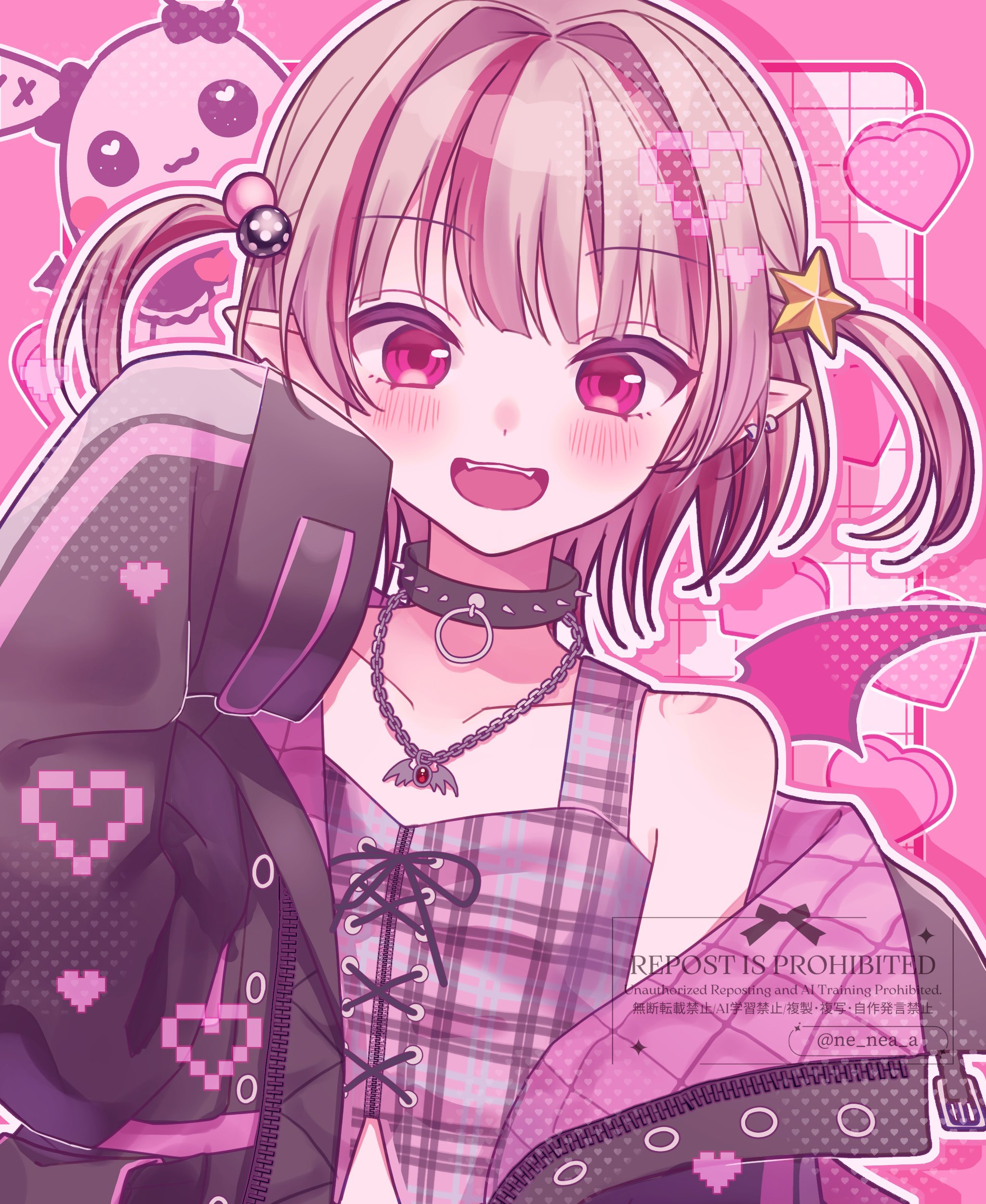 ne nea a, makaino ririmu, makaino ririmu (6th costume), nijisanji, absurdres, highres, 1girl, :d, arm at side, black collar, black jacket, blunt bangs, blush, chain, chain necklace, collar, collarbone, colored inner hair, crop top, cross-laced clothes, cross-laced top, ear cuffs, fangs, grey hair, hair bobbles, hair intakes, hair ornament, hand up, heart, heart background, jacket, jewelry, looking at viewer, midriff, multicolored hair, necklace, no headwear, open clothes, open jacket, open mouth, pendant, pink background, pink hair, pink jacket, pink theme, plaid clothes, pointy ears, red eyes, short hair, single off shoulder, sleeves past fingers, sleeves past wrists, smile, solo, spiked collar, spikes, star (symbol), streaked hair, stuffed animal, stuffed rabbit, stuffed toy, two-sided fabric, two-sided jacket, two side up, unbuttoned, unzipped, upper body, virtual youtuber, watermark, wolf cut, zipper top
