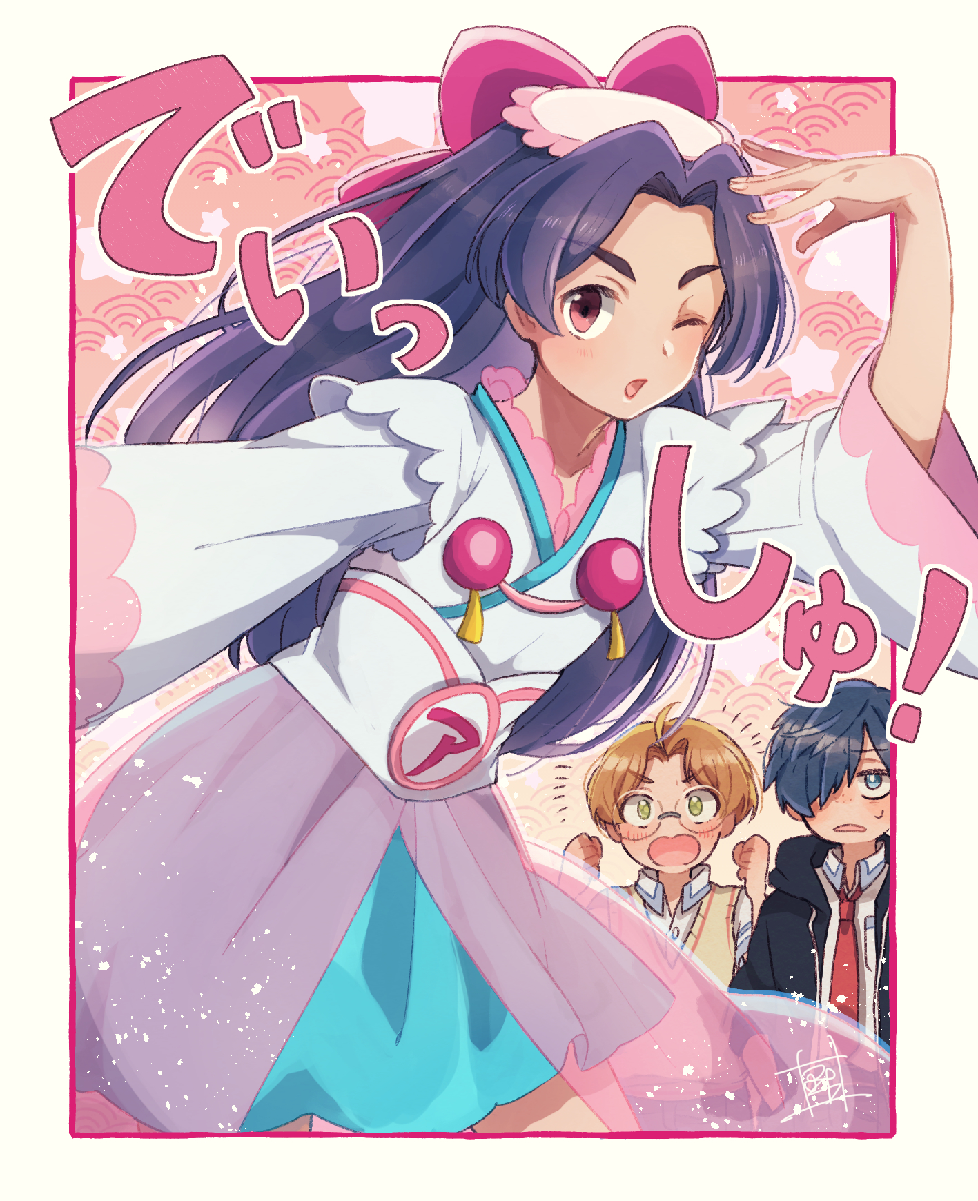 aoya (ayoyame18), azuma sara, jinnai enta, kuji toi, yasaka kazuki, sarazanmai, commentary request, highres, translation request, 3boys, azuma sara (cosplay), blue eyes, border, bow, brown eyes, brown hair, brown sweater vest, collared shirt, cosplay, crossdressing, crossdressing (mtf), freckles, hat, japanese clothes, kimono, long hair, multiple boys, necktie, one eye closed, open mouth, pink bow, pink hat, purple hair, red necktie, seigaiha, shirt, sweater vest, white border, white kimono, wide sleeves