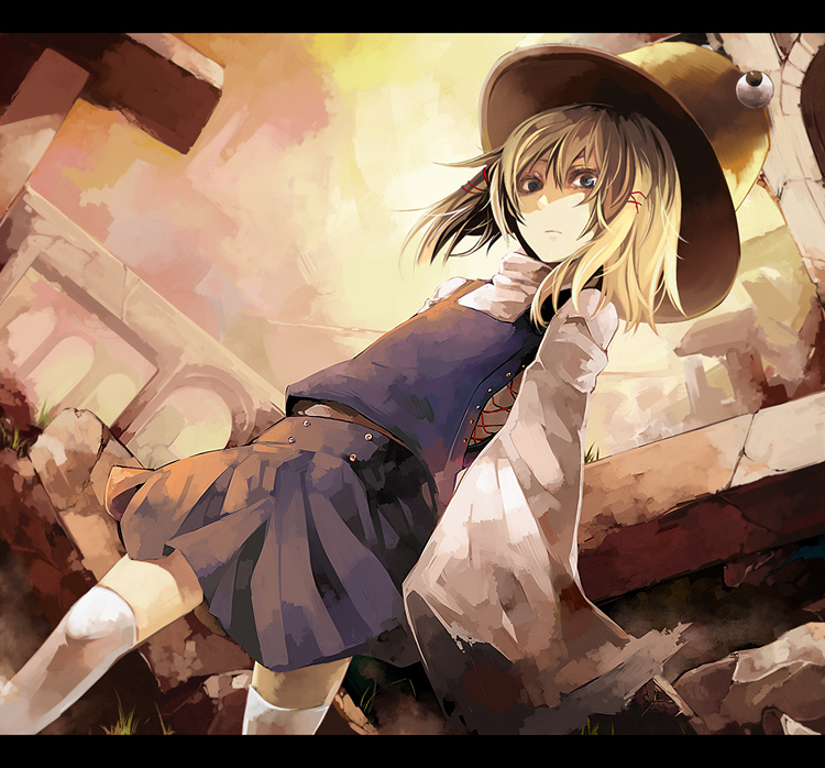 riku (artist), riku (wana), moriya suwako, touhou, 1girl, blonde hair, female focus, hat, letterboxed, short hair, solo, thighhighs, zettai ryouiki