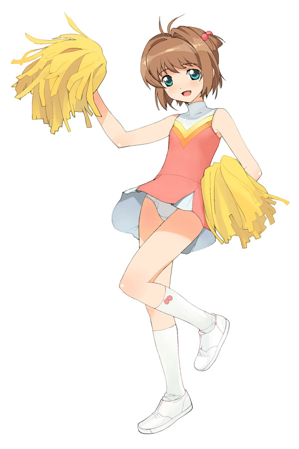 a1 (initial-g), kinomoto sakura, cardcaptor sakura, 1990s (style), 1girl, blue eyes, blush, brown hair, cheerleader, female focus, full body, hair bobbles, hair ornament, kneehighs, loli, looking at viewer, panties, pantyshot, pom pom (cheerleading), retro artstyle, short hair, sleeveless, smile, socks, solo, standing, turtleneck, underwear