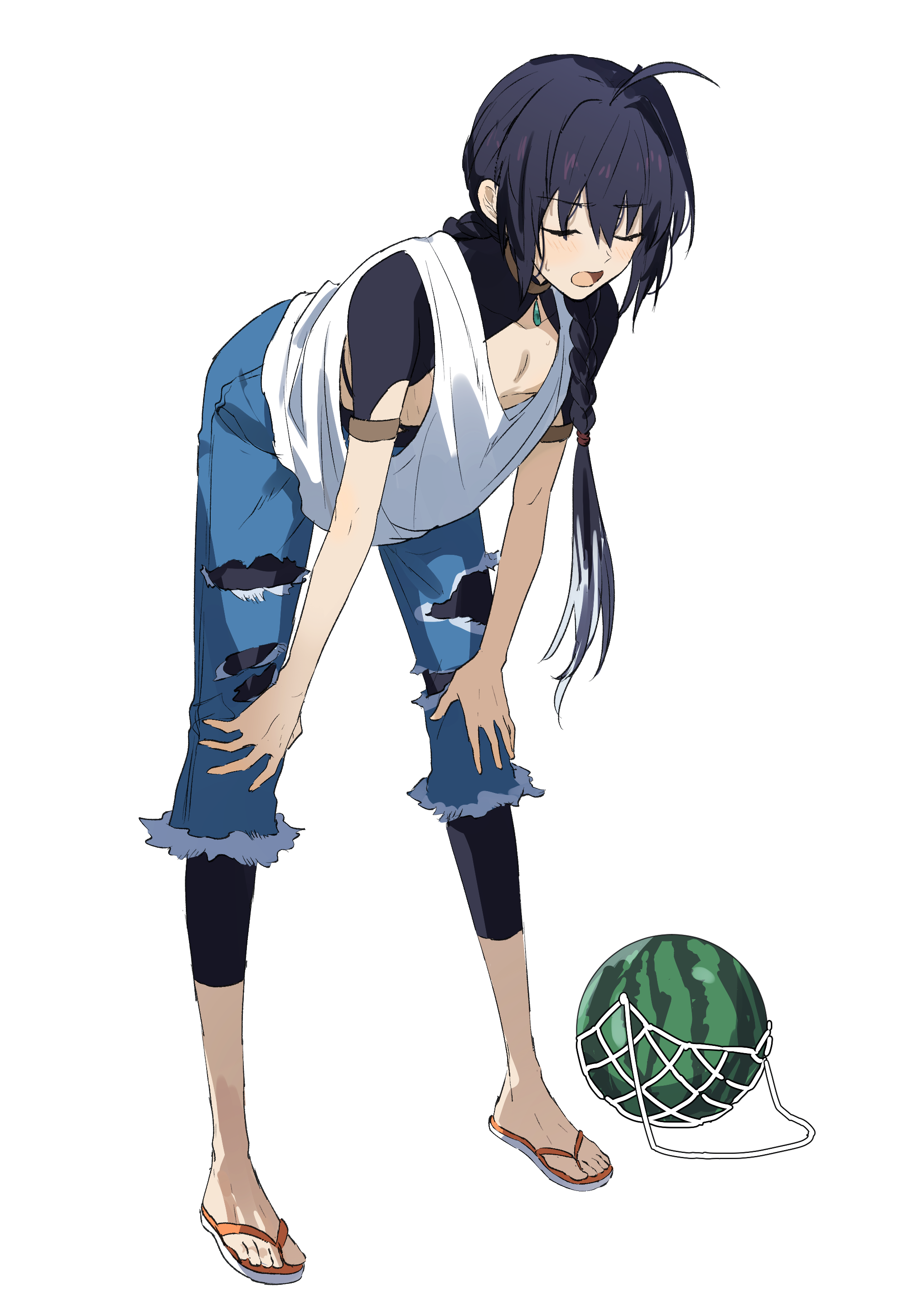ninjin (ne f g o), yamato takeru (fate), fate/samurai remnant, fate (series), absurdres, commentary request, highres, 1other, ahoge, black hair, denim, food, fruit, full body, hands on own knees, jeans, long hair, open mouth, other focus, pants, sandals, shirt, solo, torn clothes, torn jeans, torn pants, watermelon, white shirt