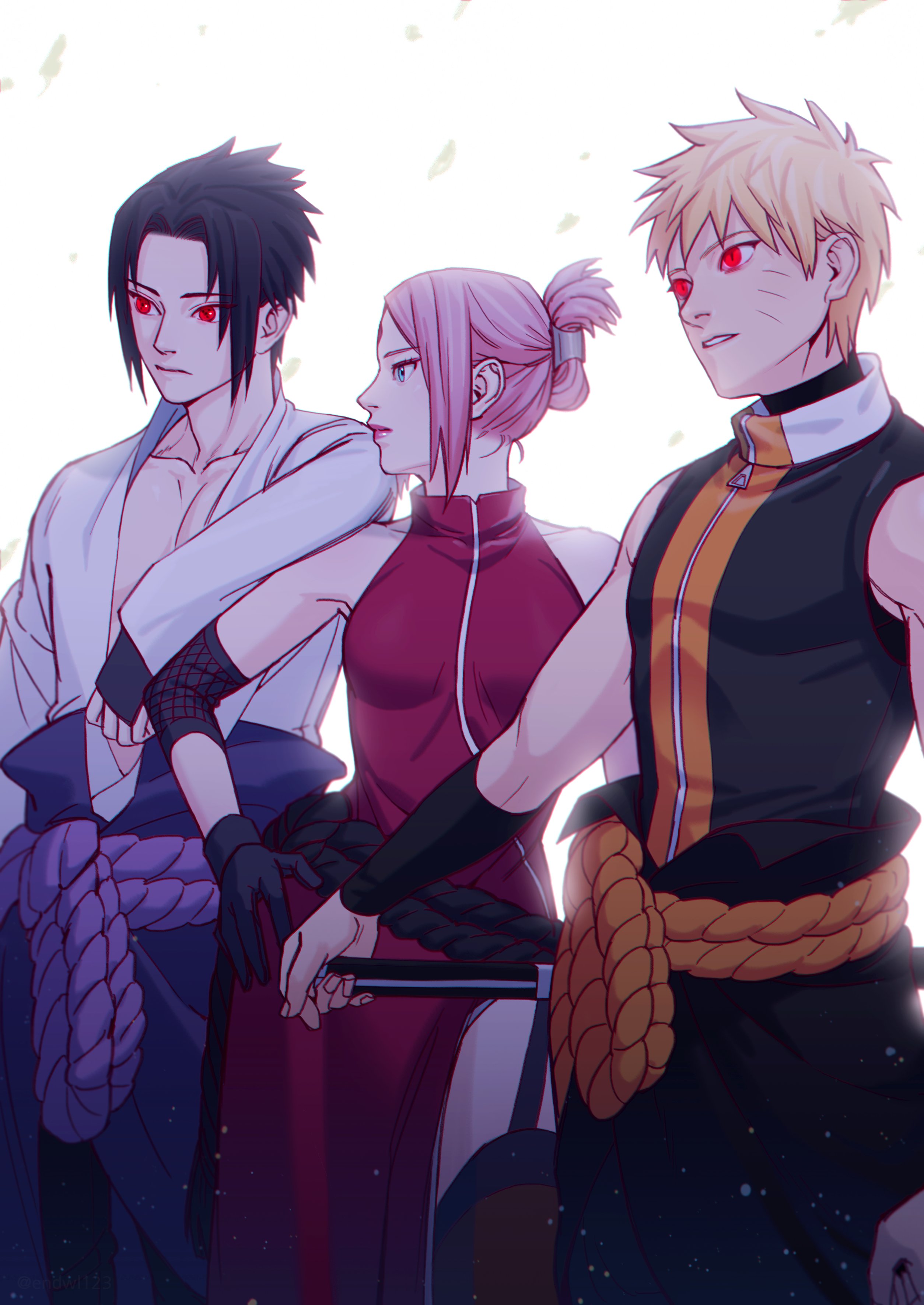 haruno sakura, uchiha sasuke, uzumaki naruto, naruto (series), naruto shippuuden, absurdres, commentary request, highres, korean commentary, 1girl, 2boys, alternate universe, arm on another's shoulder, black hair, black thighhighs, blonde hair, blue eyes, breasts, contrapposto, dress, facial mark, folded ponytail, forehead mark, garter straps, hand on own hip, katana, medium breasts, multiple boys, negeotibeu dungji, pink hair, pink lips, red dress, red eyes, rope, sharingan, side slit, sword, thighhighs, weapon, wide hips