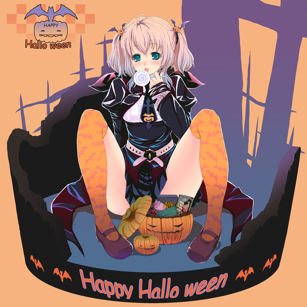 mikazukimo, original, 1girl, animal print, bat print, belt, blue eyes, candy, female focus, food, food-themed hair ornament, hair ornament, halloween, happy halloween, jack-o'-lantern, legs, licking, lollipop, mary janes, orange thighhighs, pink hair, print thighhighs, pumpkin, pumpkin hair ornament, shoes, short hair, sitting, solo, swirl lollipop, thighhighs, tongue, twintails