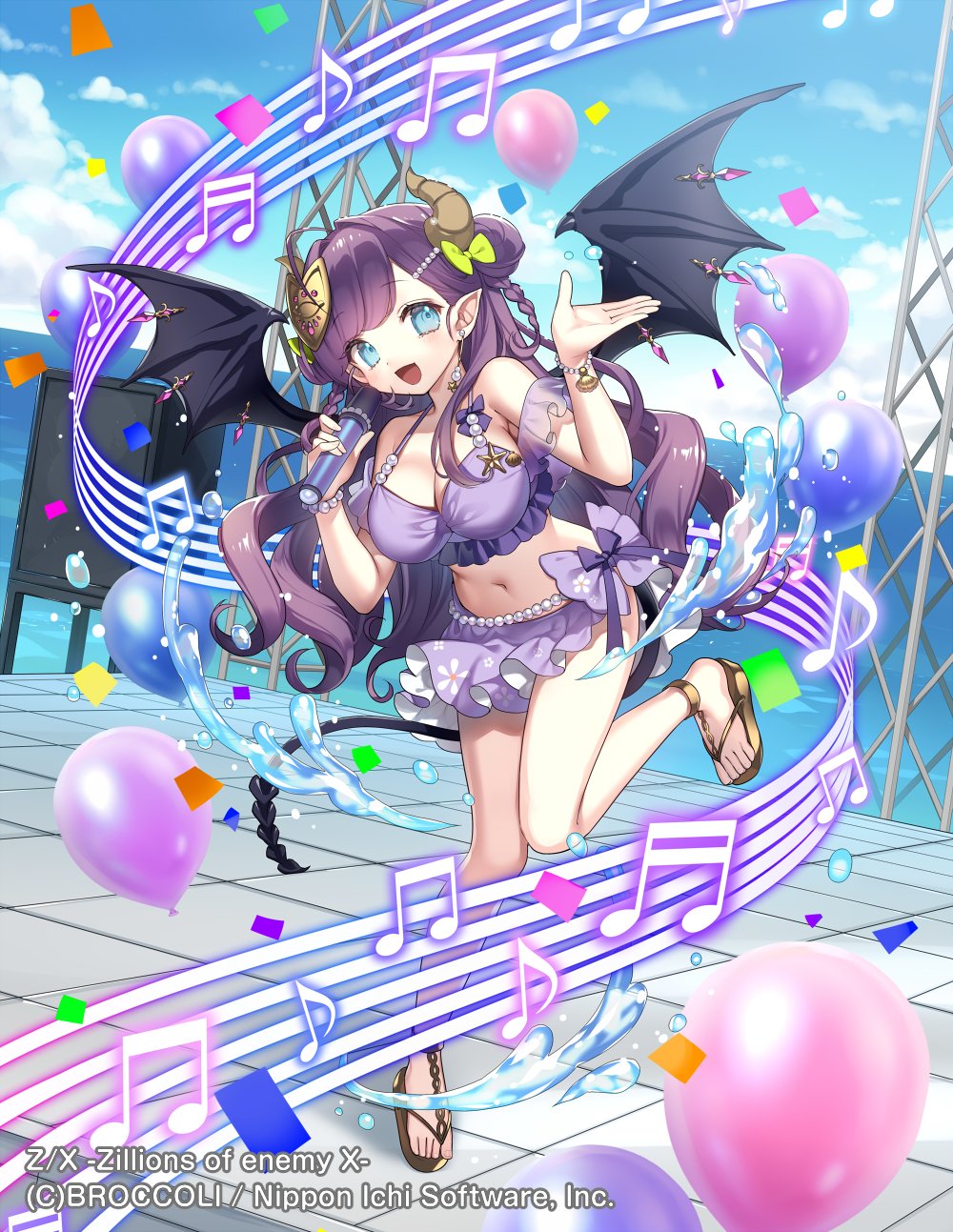 masaru.jp, z/x, highres, official art, 1girl, balloon, beamed eighth notes, beamed sixteenth notes, bikini, blue eyes, blue sky, bow, bracelet, braid, breasts, brown horns, cloud, cloudy sky, concert, confetti, copyright notice, curly hair, demon girl, demon horns, demon tail, demon wings, double bun, earrings, eighth note, frilled bikini, frills, green bow, hair bow, hair bun, hair ornament, holding, holding microphone, horns, jewelry, large breasts, long hair, microphone, music, musical note, musical staff, navel, open mouth, outdoors, pointy ears, purple bikini, purple hair, sandals, short braid, singing, sky, solo, sparkle, splashing, standing, standing on one leg, swimsuit, tail, twin braids, ugly (z/x), wings