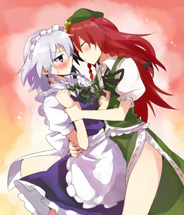 kiji (manekinuko-tei), hong meiling, izayoi sakuya, embodiment of scarlet devil, touhou, 2girls, blush, closed eyes, female focus, holding another's wrist, imminent kiss, multiple girls, yuri