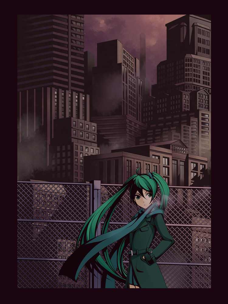 torigoe takumi, hatsune miku, vocaloid, 1girl, border, breath, chain-link fence, cityscape, coat, female focus, fence, green eyes, green hair, hands in pockets, long hair, matching hair/eyes, night, scarf, scenery, solo, twintails
