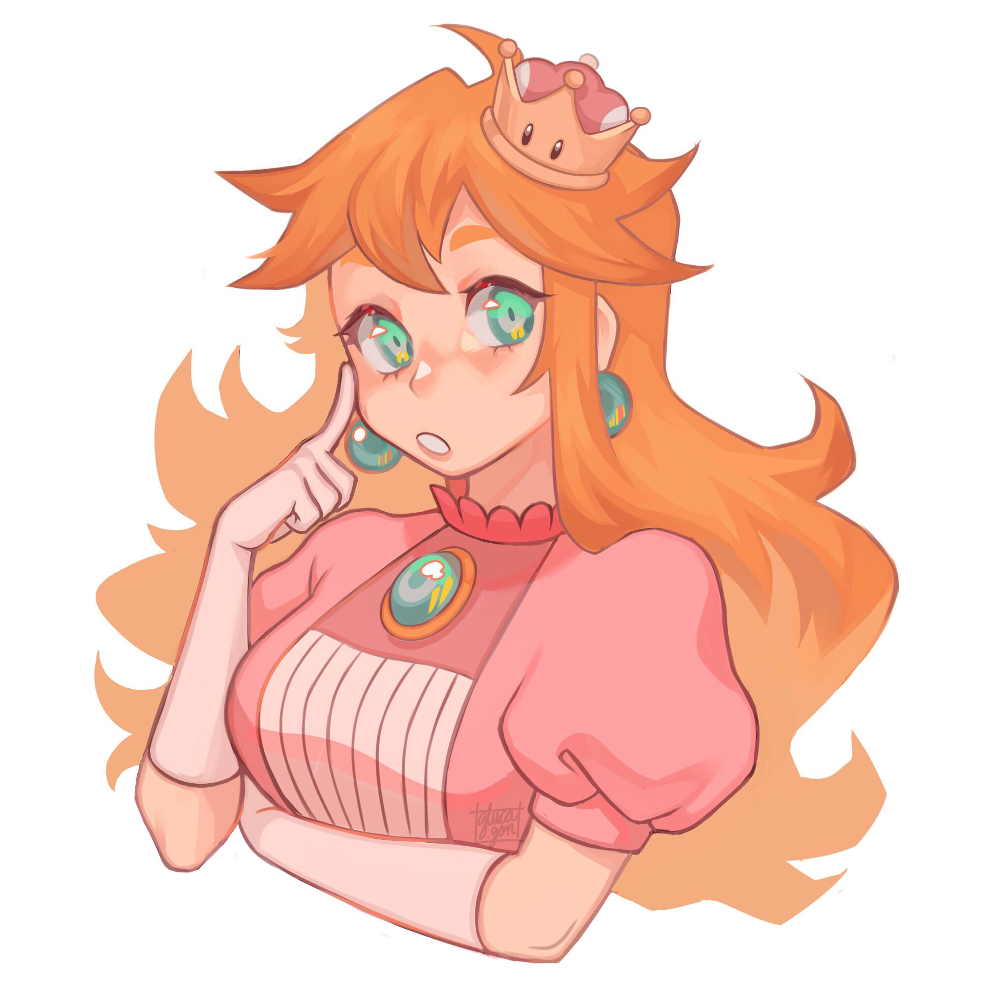 princess peach, mario (series), nintendo, commentary, english commentary, highres, 1girl, blonde hair, breasts, crown, earrings, gloves, gluca, green eyes, jewelry, large breasts, long hair, mini crown, open mouth, puffy short sleeves, puffy sleeves, short sleeves, signature, solo, super crown, tilted headwear, upper body, white gloves