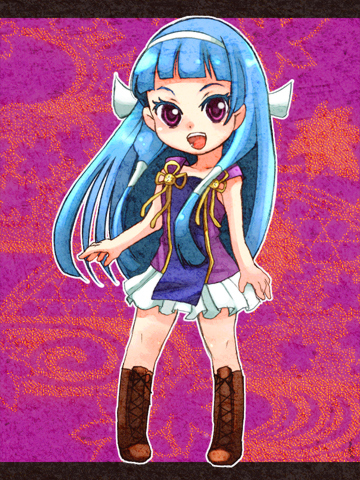 shinryou rei, nagi, kannagi, bad id, bad pixiv id, lowres, 00s, 1girl, :d, blue hair, boots, chibi, female focus, flat chest, letterboxed, long hair, open mouth, pleated skirt, purple eyes, skirt, smile, solo, white skirt