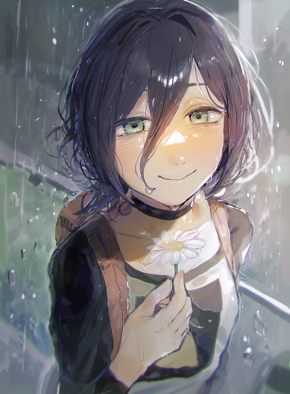 reze (chainsaw man), chainsaw man, commentary, highres, 1girl, backpack, bag, black choker, black hair, blush, choker, closed mouth, collarbone, flower, gloves, green eyes, grenade pin, hair between eyes, holding, holding flower, kani39598876746, long hair between eyes, looking at viewer, medium hair, outdoors, rain, solo, upper body, wet, wet hair, white gloves