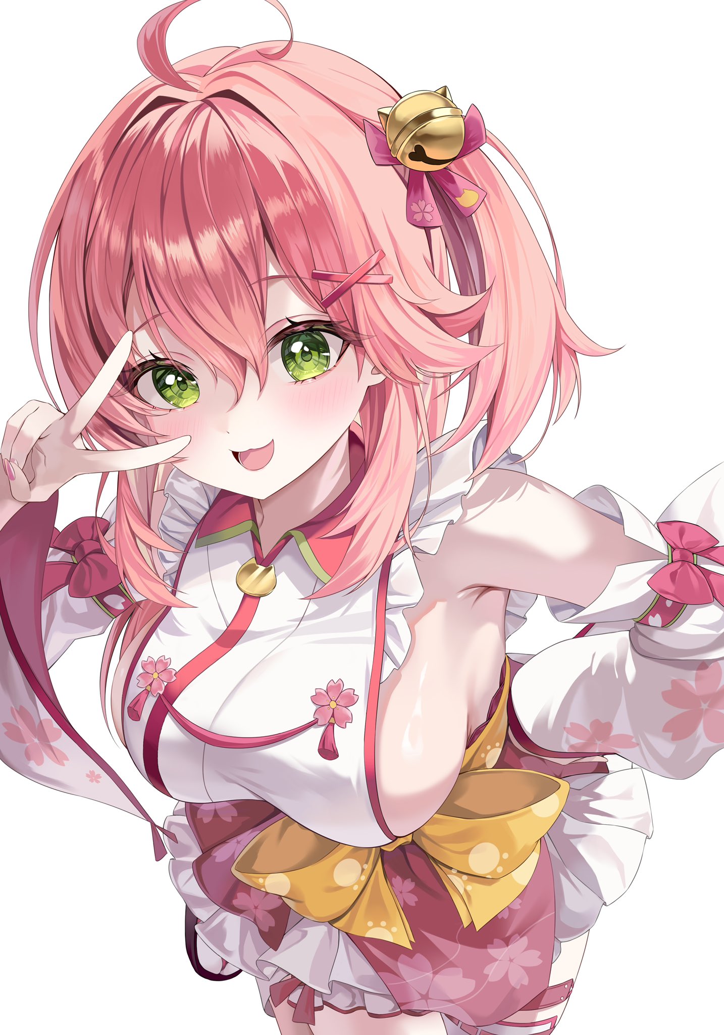 mi ke0224, sakura miko, sakura miko (1st costume), hololive, commentary, highres, symbol-only commentary, 1girl, :d, ahoge, bell, breasts, detached sleeves, double-parted bangs, floral print, floral print skirt, floral print sleeves, frilled kimono, frilled skirt, frills, geta, green eyes, hair bell, hair between eyes, hair ornament, hairclip, hakama, hakama short skirt, hakama skirt, hand on own hip, japanese clothes, jingle bell, kimono, long hair, looking at viewer, nontraditional miko, one side up, open mouth, pink hair, print skirt, sash, sideboob, sideless kimono, single thighhigh, skirt, sleeveless, sleeveless kimono, smile, solo, tabi, thighhighs, v, v over eye, virtual youtuber, white sleeves, white thighhighs, wide sleeves, x hair ornament, yellow sash