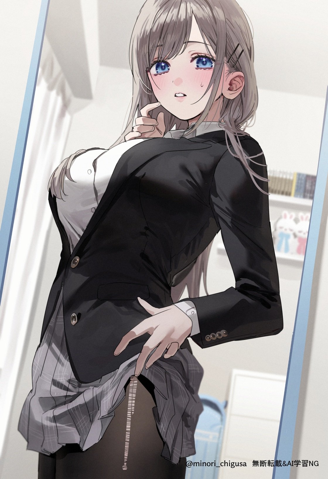 chigusa minori, saotome shino (shino to ren), shino to ren, commentary request, highres, 1girl, black jacket, black pantyhose, blue eyes, blush, breasts, dress shirt, grey hair, grey skirt, hair ornament, hairclip, jacket, large breasts, long hair, long sleeves, looking at mirror, mirror, open mouth, pantyhose, parallel hairclips, pleated skirt, school uniform, shirt, skirt, solo, sweatdrop, torn clothes, torn pantyhose, white shirt