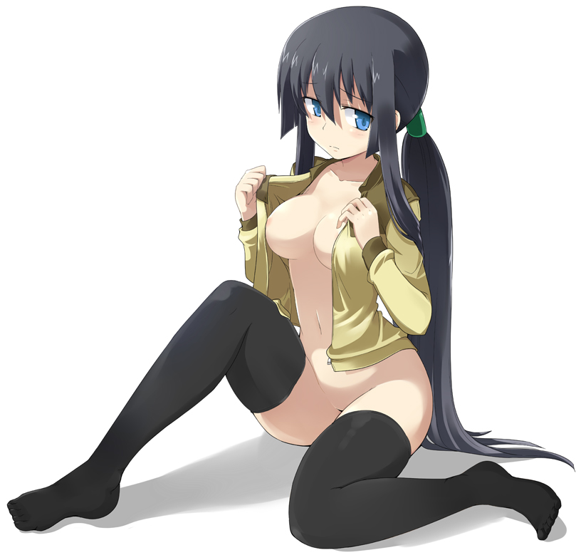 mamo williams, marina ismail, gundam, gundam 00, 00s, 1girl, black thighhighs, blue eyes, bottomless, breasts, female focus, navel, no bra, no panties, open clothes, open shirt, shirt, sitting, solo, thighhighs