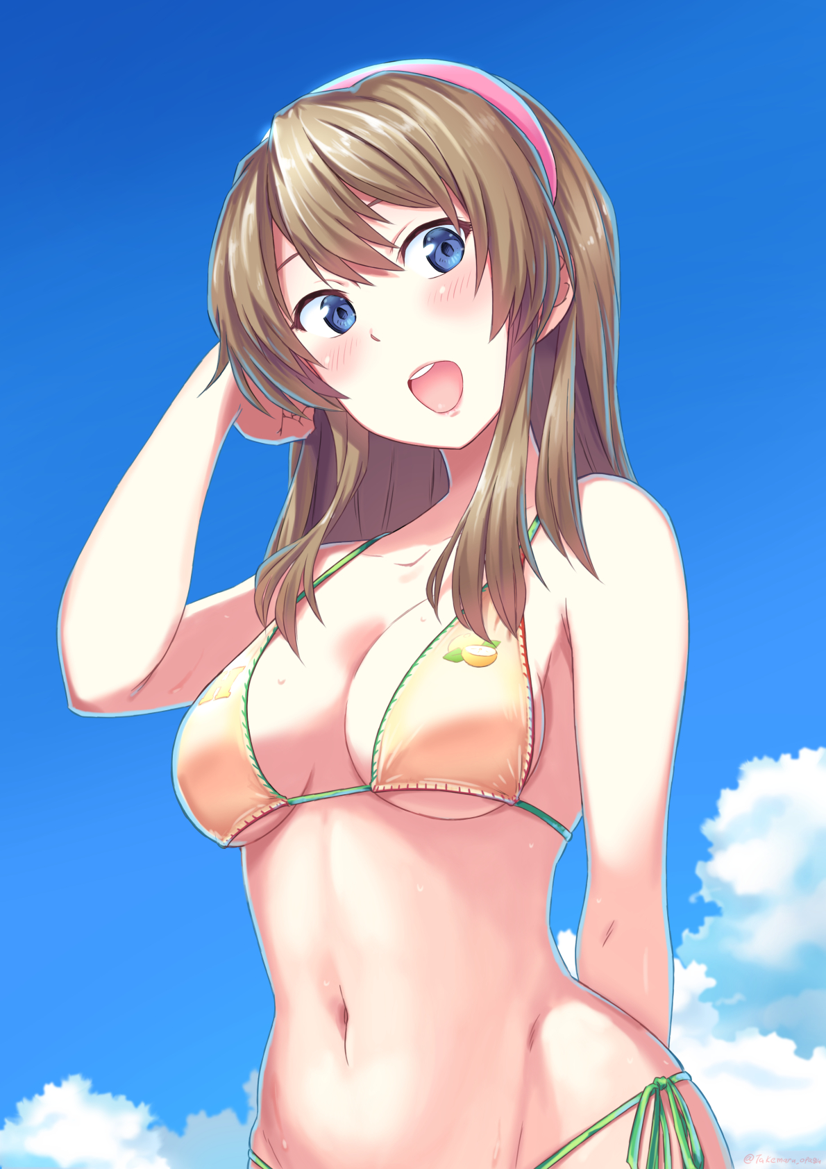 shiba hajime, hitomi (doa), dead or alive, dead or alive 5, highres, arm behind back, bikini, blue eyes, blush, breasts, brown hair, hairband, halterneck, hand in own hair, hand up, large breasts, long hair, navel, official alternate costume, open mouth, pink hairband, sidelocks, swimsuit, yellow bikini