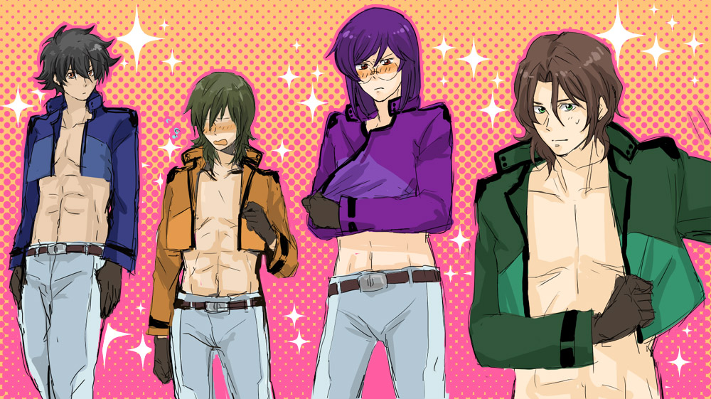 miso soup (artist), allelujah haptism, lockon stratos, lyle dylandy, setsuna f. seiei, tieria erde, gundam, gundam 00, bad id, bad pixiv id, 00s, 4boys, abs, belt, blush, gloves, jacket, male focus, multiple boys, muscular, sparkle