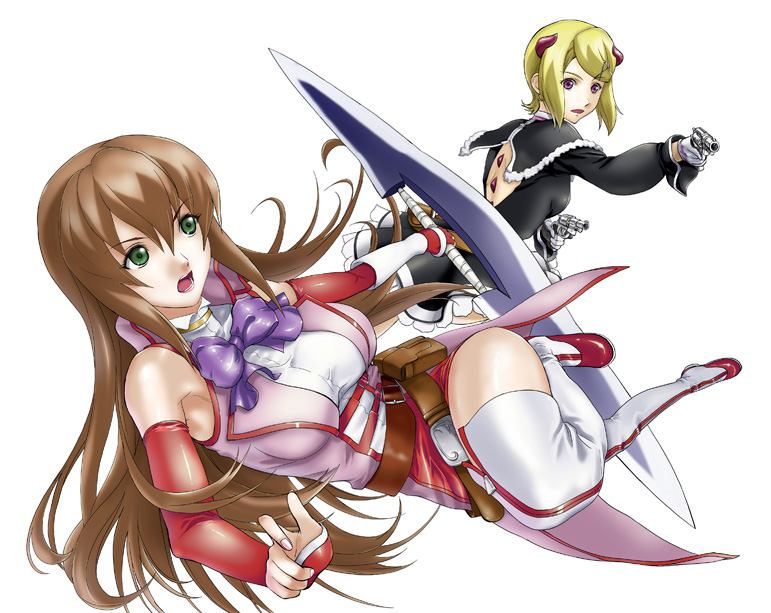 morisu, lia dragonell, morte ashera, world destruction, blade, 00s, blonde hair, brown hair, dual wielding, elbow gloves, gloves, green eyes, gun, handgun, hands on own hips, holding, horns, long hair, pistol, red eyes, revolver, short hair, thighhighs, weapon