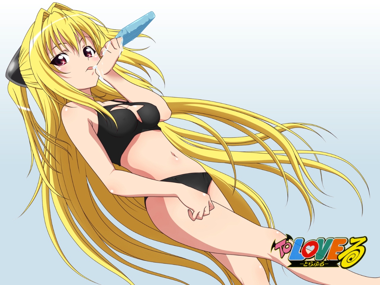 konjiki no yami, to love-ru, non-web source, 00s, 1girl, barefoot, bikini, black bikini, blonde hair, breasts, cleavage, cleavage cutout, clothing cutout, food, grey background, holding, licking, licking hand, long hair, medium breasts, navel, popsicle, purple eyes, red eyes, swimsuit, tongue, tongue out, twintails, two side up