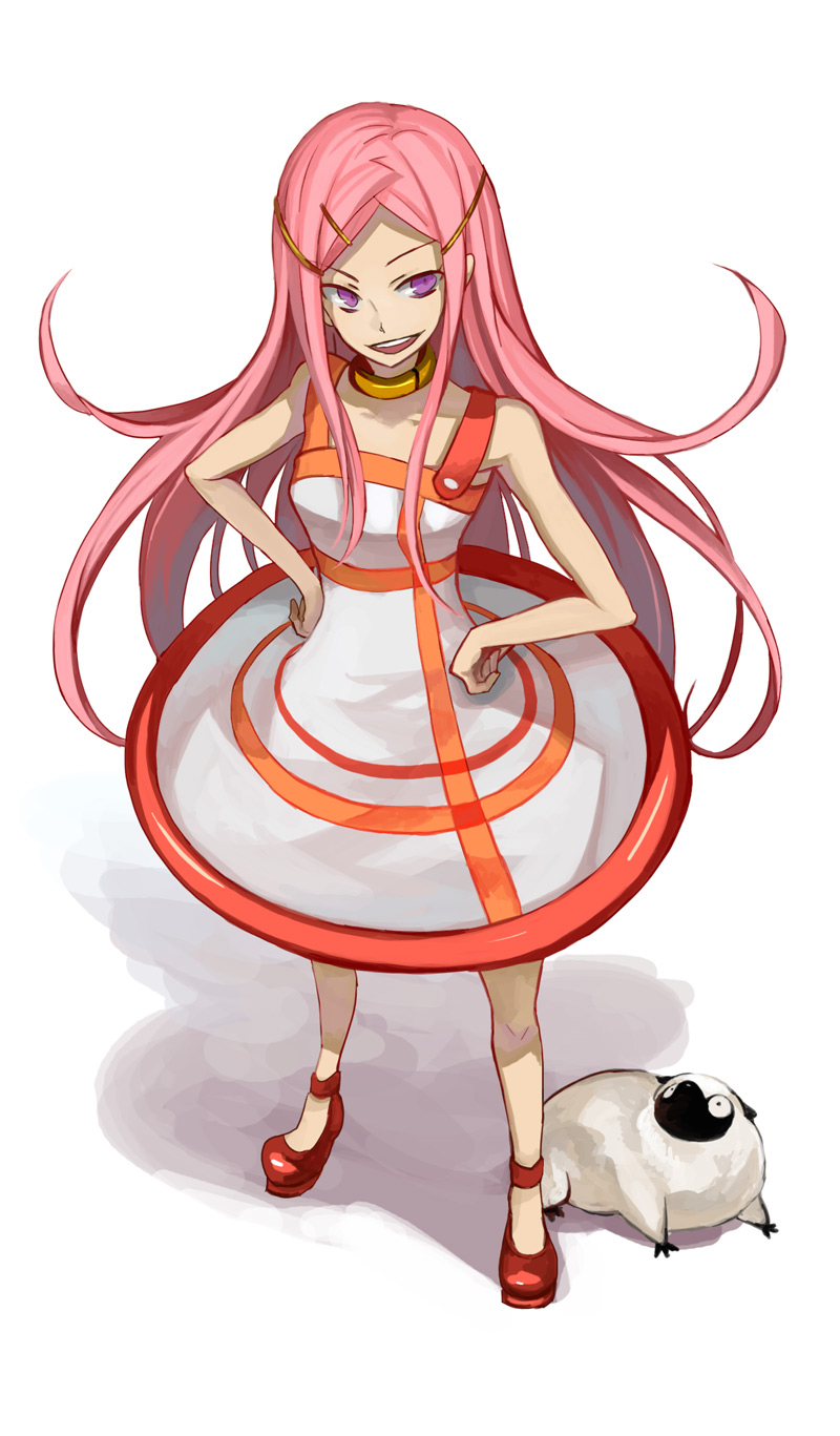osamu (jagabata), anemone (eureka seven), eureka seven, eureka seven (series), bad id, bad pixiv id, highres, 00s, 1girl, choker, dress, female focus, hair ornament, hairpin, hands on own hips, long hair, mary janes, pet, pink hair, purple eyes, shoes, smirk, solo