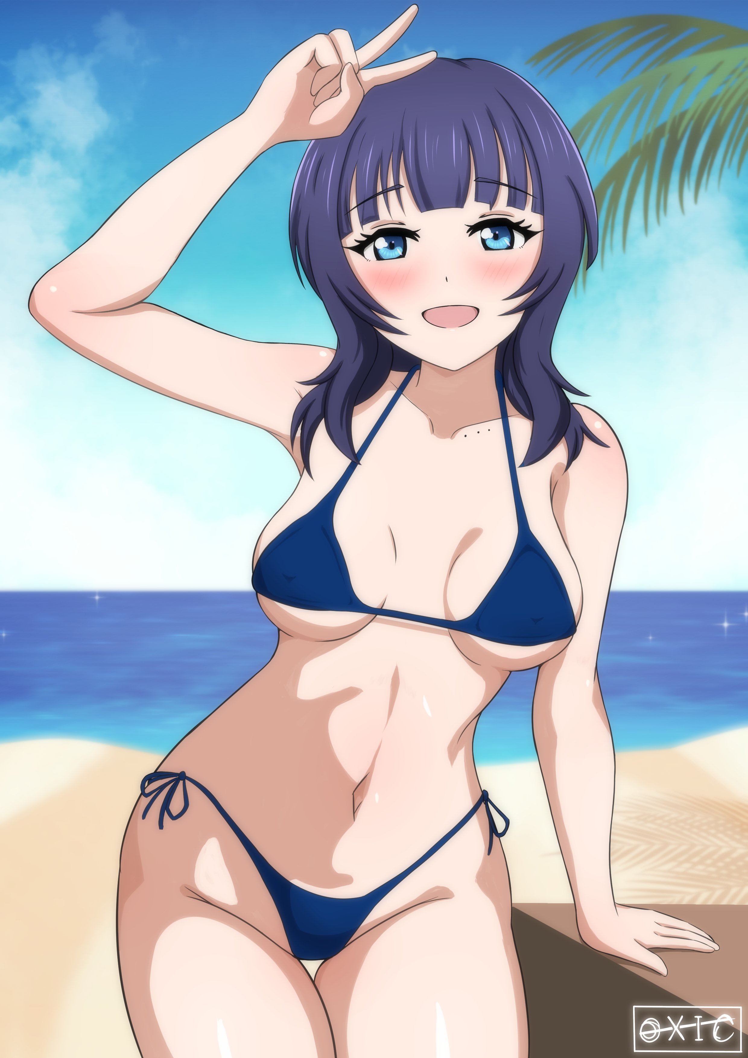 oxicmar, asaka karin, love live!, love live! nijigasaki high school idol club, absurdres, commentary, highres, 1girl, anime coloring, arm support, arm up, beach, bikini, blue bikini, blue eyes, blue hair, blunt bangs, blush, breasts, collarbone, cowboy shot, day, groin, horizon, looking at viewer, medium breasts, medium hair, mole, mole on collarbone, multiple moles, navel, ocean, open mouth, outdoors, sand, shore, side-tie bikini bottom, signature, sky, smile, solo, string bikini, swimsuit, thigh gap, v, water