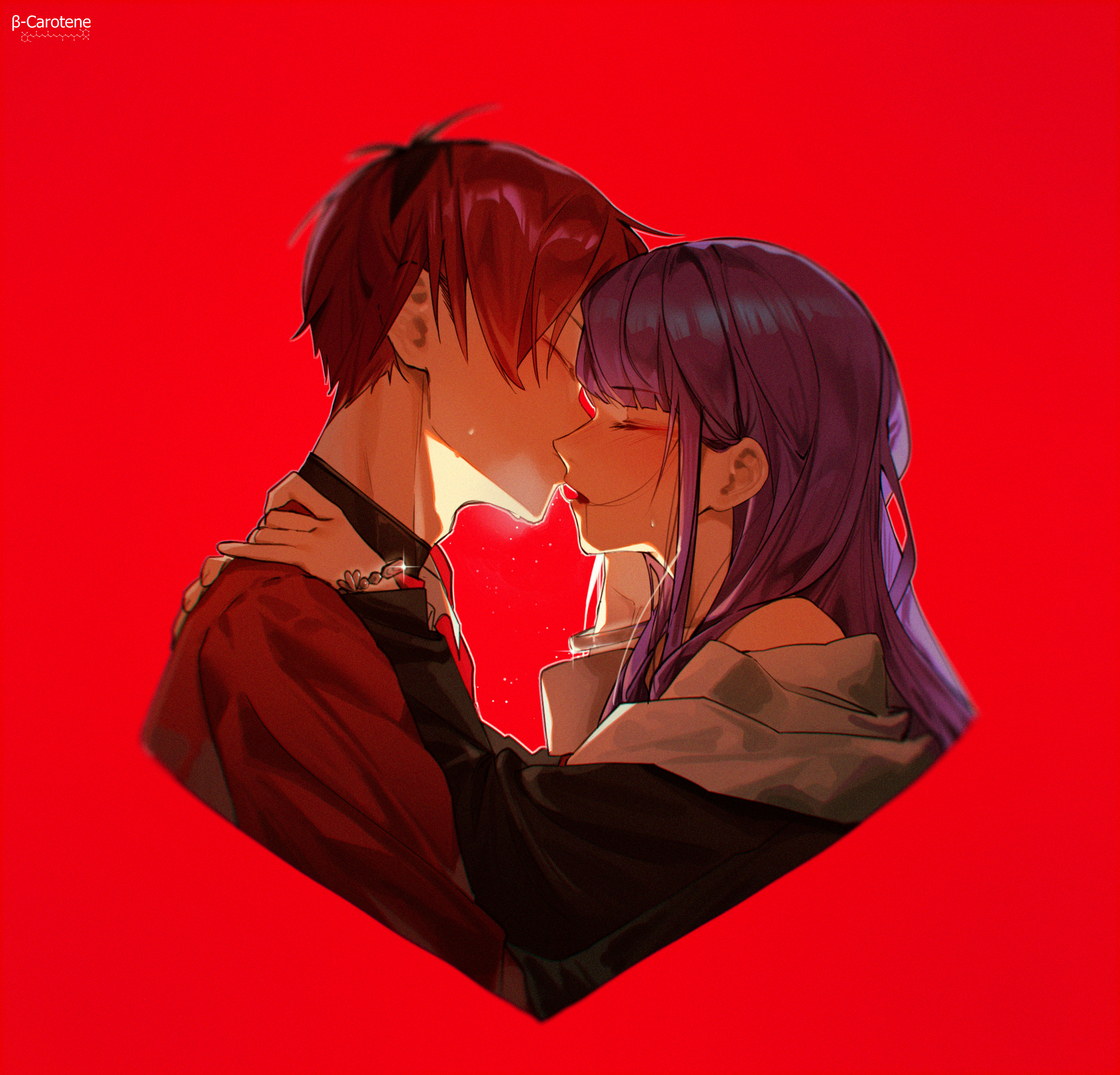 lufi ays, fern (sousou no frieren), stark (sousou no frieren), sousou no frieren, commentary request, highres, 1boy, 1girl, black robe, blush, bracelet, closed eyes, cropped torso, from side, glint, hand on another's shoulder, hetero, jacket, jewelry, kiss, kissing nose, multicolored hair, purple hair, red background, red hair, red jacket, robe, roots (hair), simple background, sweat, upper body
