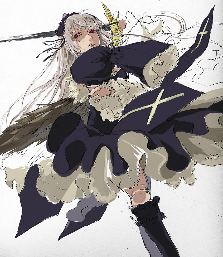 8981, suigintou, rozen maiden, silver hair, bad id, bad pixiv id, 00s, doll joints, dress, frills, hairband, joints, kneehighs, red eyes, socks, solo, sword, weapon, wings