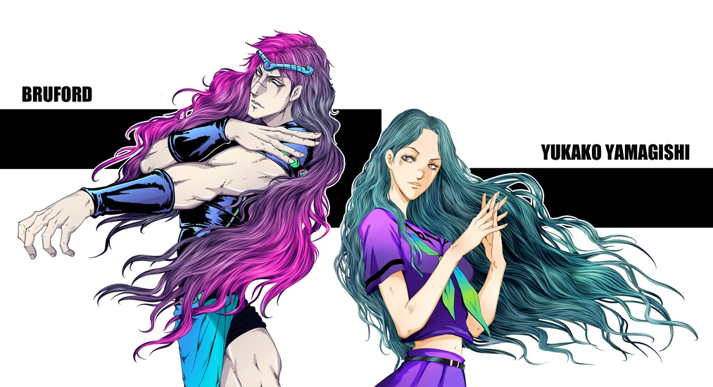 shiemasu, suma, bruford, yamagishi yukako, diamond is not crash, jojo no kimyou na bouken, phantom blood, bad id, bad pixiv id, 1boy, 1girl, armor, back-to-back, belt, blue hair, long hair, midriff, navel, pink eyes, prehensile hair, school uniform, serafuku, skirt, trait connection, very long hair, wristband, zombie