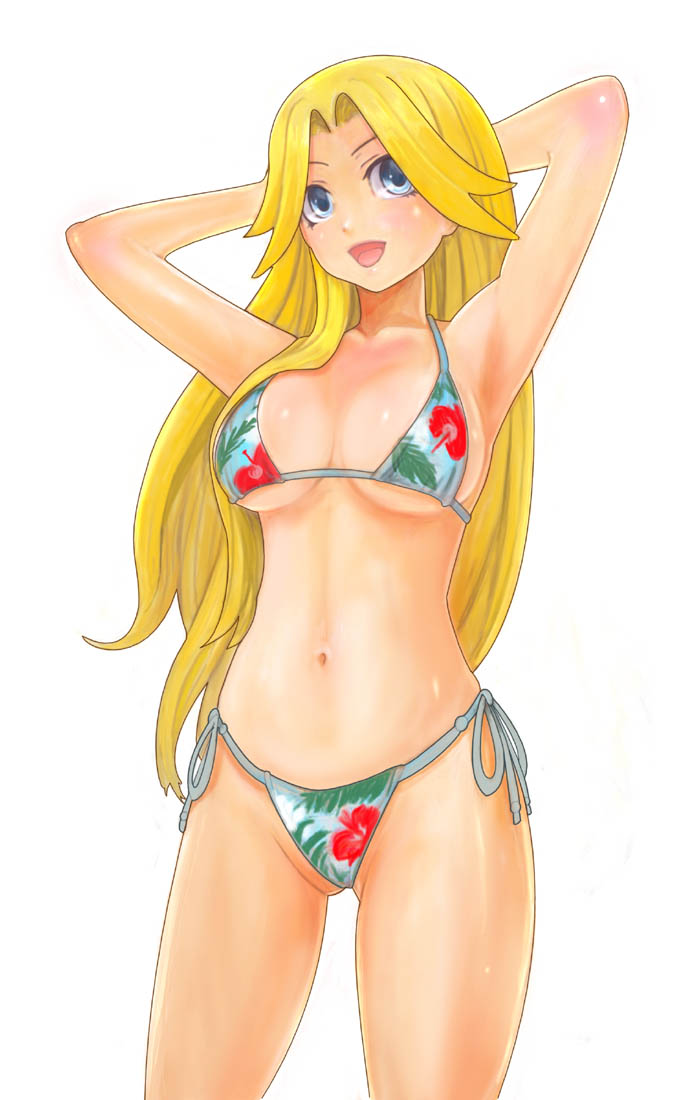 ikara, kimura kaere, sayonara zetsubou sensei, 00s, 1girl, arms behind back, bikini, blonde hair, blue eyes, breasts, female focus, long hair, navel, side-tie bikini bottom, solo, swimsuit